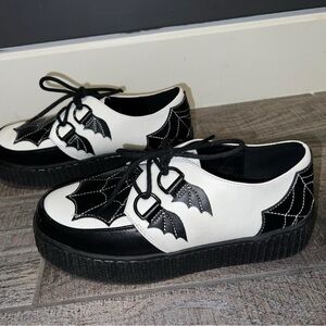 Strange Cvlt Black and White spiderweb & Bat Wing Platform Creepers